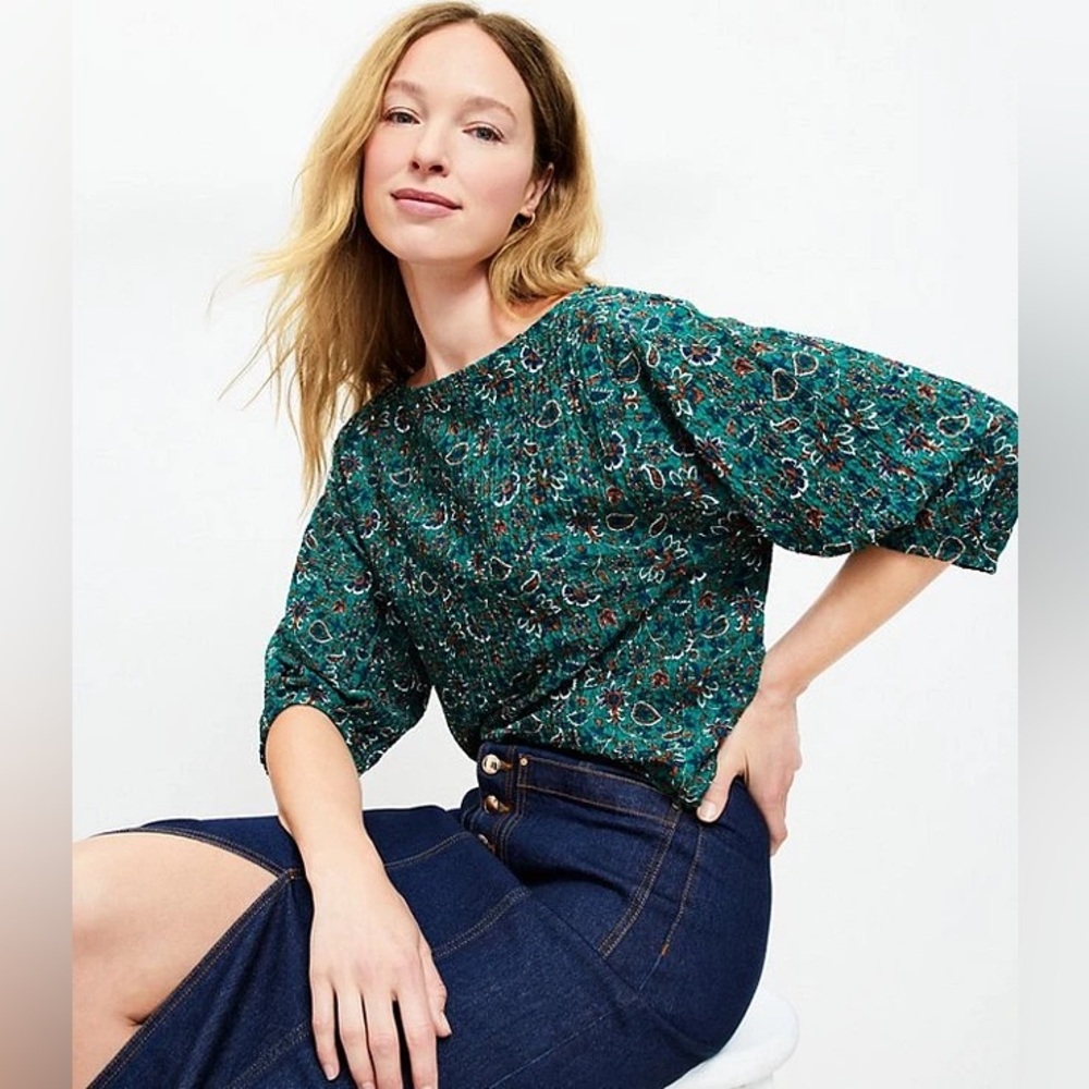 LOFT Vine Pleated Elbow Sleeve Green Floral Boat Neck Paisley Print Blouse Top✨